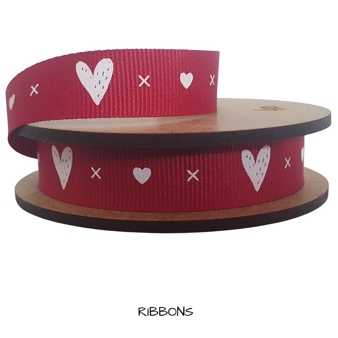 RIBBONS - RED WITH WHITE HEARTS 1 mtr