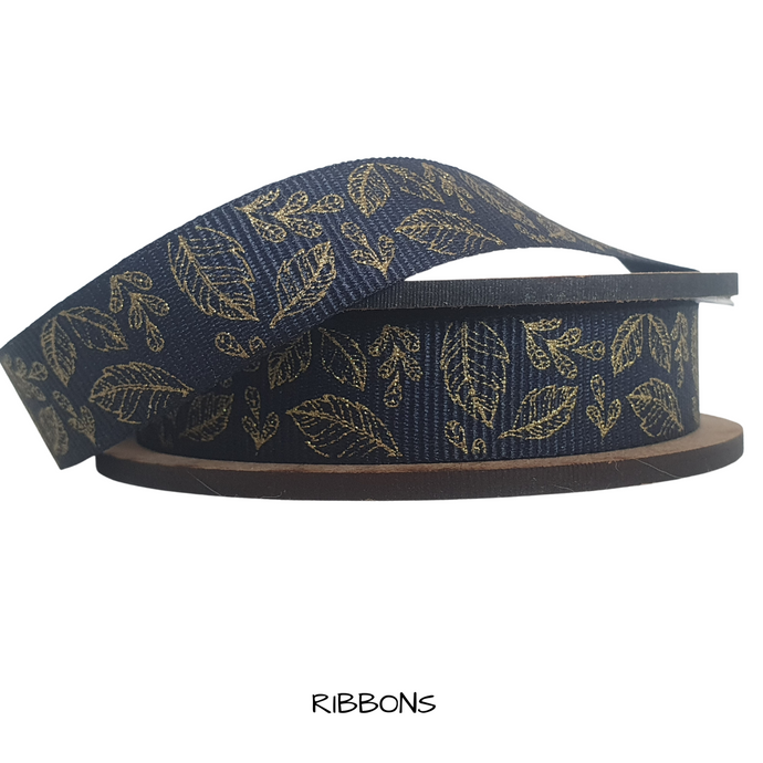 Ribbon  - Gold on Navy  by the 1 mtr
